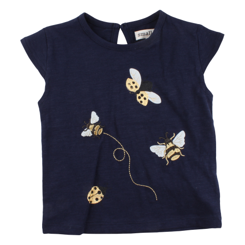 Iris Tmavomodr&eacute; tričko GOTS s vy&scaron;&iacute;van&yacute;mi zlat&yacute;mi čmeliakmi | SMALL RAGS